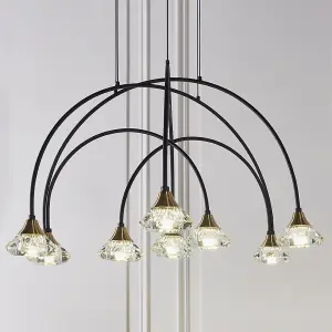 Matt Black Ceiling Pendant Bar Light - Brushed Brass Detailing - 9 Lamp Fitting