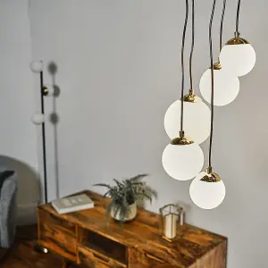 ValueLights Beauworth 5 Way Hanging Polished Gold and Glass Globe Shade Ceiling Pendant Light Fitting