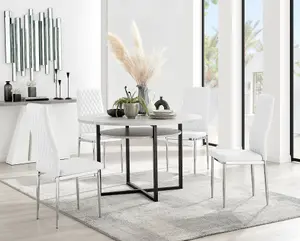 Adley Grey Concrete Effect And Black Round Dining Table with Storage Shelf and 4 White and Silver Milan Modern Faux Leather Chairs