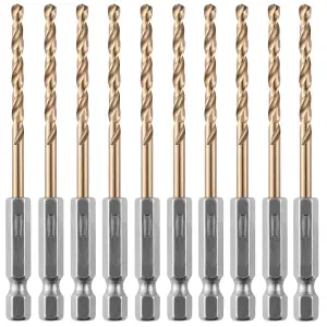 Box of 10 x 3.2mm Hex Shank HSS Gold Cobalt Jobber Drill Bit Set For Stainless Steel, Hard Metals, Aluminium, Cast Iron, Copper.