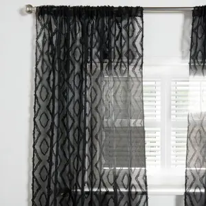 Diamond Voile Curtains Pair Textured Net Slot Top 2 Panel Set 55x87", Black