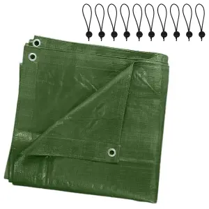 10 x 10 m Tarpaulin Waterproof Heavy Duty Cover Camping Ground Sheet Caravan Furniture Multipurpose 10 Bungee Balls Green 90 GSM