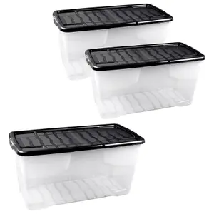 3 x 42 Litre Clear Transparent Base Stackable Curve Plastic Storage Boxes With Black Lids