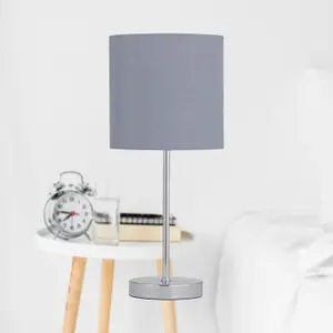 First Choice Lighting Chrome Stick Table Lamp with Grey Cotton Shade