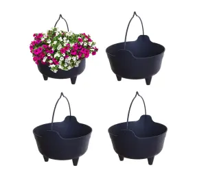 4 x Black Plastic Cauldron Planter Flower Basket With Handle Small Round Pot 26cm