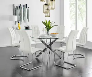 Furniturebox UK Novara Chrome Metal And Glass Large Round Dining Table And 6 White Murano Chairs Set