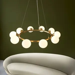 Luminosa Grosseto Globe Pendant Ceiling Light Satin Brass Plate, Gloss White Glass