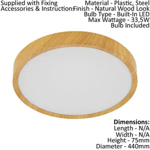 Flush Ceiling Light Colour Natural Wood Look Shade White Plastic Bulb LED 33.5W