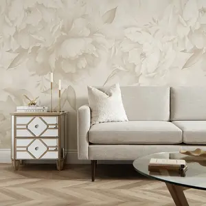 Vintage Peony Mural Wallpaper In Warm Neutrals (350cm x 240cm)