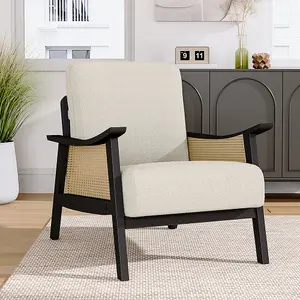 Accent Armchair with Wood Frame Upholstered Rattan Arms Chair in White