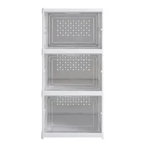 3 Tier 3 Compartment White Stackable Foldable Shoe Storage Box Unit for Home Hallway and Corner