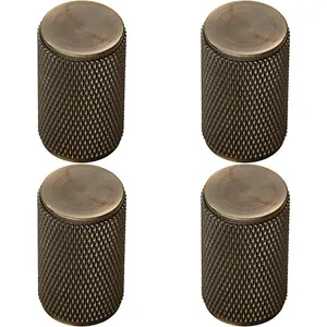 4x Knurled Cylindrical Cupboard Door Knob 18mm Dia Antique Brass Cabinet Handle