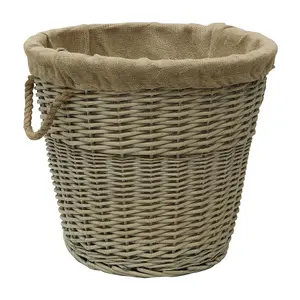 JVL Antiques Wash Canvas Lined Round Log Basket with Rope Handles