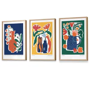 Set of 3 Artisan Bold Botanical Wall Art Prints / 42x59cm (A2) / Oak Frame