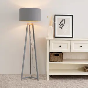 ValueLights Lottie Grey Wood Tripod Floor Lamp with Grey/Copper Drum Shade - LED Bulb Included