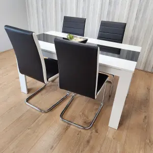 Dining Table and 4 Faux Leather Black White Padded Chairs High Gloss Wood Dining Kitchen Set of 4