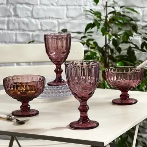 Set of 2 Vintage Luxury Pink Glass Trifle, Dessert Bowls with Set of 2 Wine Goblets Glasses Decorations Ideas 300ml