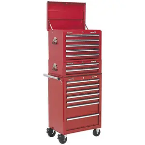 Heavy Duty 14 Drawer Stacking Tool Chest and Rollcab Bundle in Red