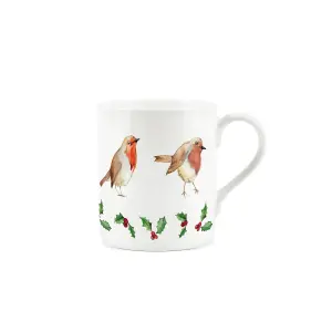 Purely Home Festive Christmas Robins & Holly Bone China Mugs - Set of 2