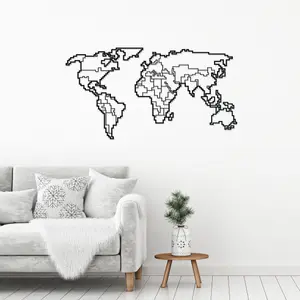 Decortie Modern Metal Wall Art World Map Theme Home Ornament Decorative Minimalist Design Hanging Wall Sculpture, Black