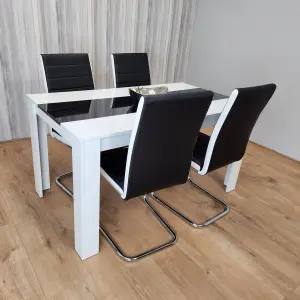 Dining Table and 4 Faux Leather Black White Padded Chairs High Gloss Wood Dining Kitchen Set of 4