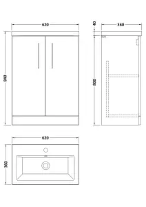 Floor Standing 2 Door Vanity Unit with Ceramic Basin, Soft Black, 600mm