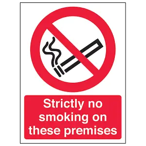 Strictly No Smoking On Premises Sign - Rigid Plastic - 150x200mm (x3)