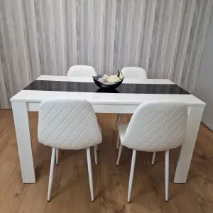 Wooden White Black Dining Table  with 4 White Stitched Leather Chairs Set