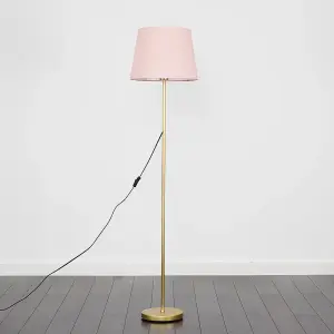 ValueLights Modern Standard Floor Lamp In Gold Metal Finish With Pink Tapered Shade - Includes 6w LED GLS Bulb 3000K Warm White