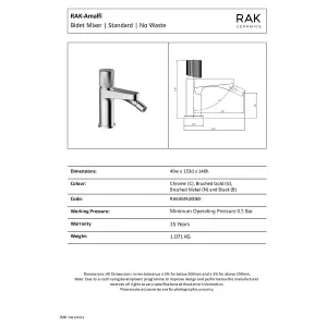 RAK Amalfi Bidet Polished Chrome Modern Bidet Tap Solid Brass