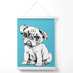 Sketch Pug Dog on Bright Blue Poster with Hanger / 33cm / White