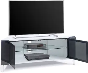 MDA Designs CORVUS Corner-Friendly White Black Cabinet with BeamThru Doors for Flat Screen TVs up to 50"