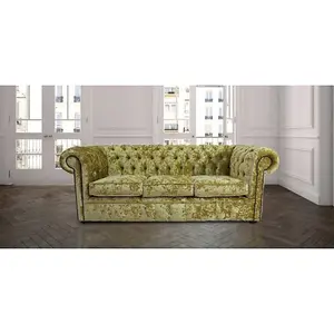 Chesterfield 3 Seater Sofa Settee Senso Chartreuse Green Velvet Fabric In Classic Style