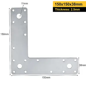 Pack of 10 - Heavy Duty Galvanised Flat Corner Plate L Shape 90 Degree Right Angle Bracket Mending Brace Jointing Plate 150x150x38