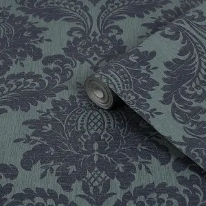 Boutique Navy Metallic effect Damask Textured Wallpaper Sample