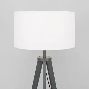 ValueLights Morrigan Grey Wood Tripod Design Floor Lamp with Storage Shelf & White Drum Shade - Includes 6w LED Bulb 3000K