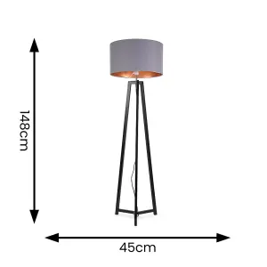 ValueLights Lottie Black Wood Tripod Floor Lamp with Grey/Gold Drum Shade - LED Bulb Included