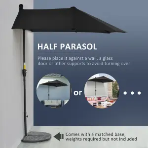 Outsunny 2m Half Parasol Market Umbrella Garden Balcony Parasol with Crank Handle, Cross Base, Double-Sided Canopy, Black