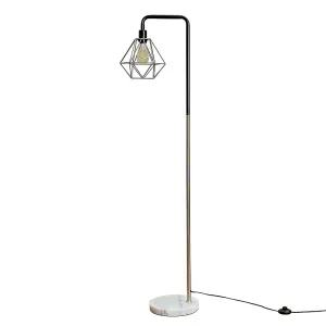 ValueLights Black/Chrome Metal & White Marble Base Floor Lamp With Grey Metal Basket Cage Shade And 4w LED Bulb In Warm White