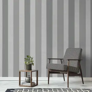 Larson Stripe Wallpaper Fine Décor Textured Vinyl Metallic Charcoal Gold