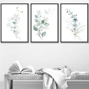 Set of 3 Green Blue Watercolour Eucalyptus Set 2 Wall Art Prints / 42x59cm (A2) / Black Frame