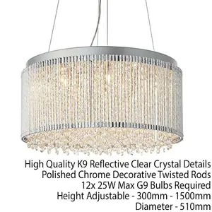 Hanging Ceiling Pendant Light Chrome & K9 Crystal Shade 12 Bulb Large Feature