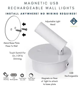 CGC SCARLET White Adjustable Head LED Rechargeable Magnetic USB Reading Bedside Wall Light