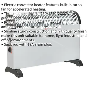 2000W Convector Heater - Thermostat & Turbo Fan - 3 Heat Settings - 230V Supply