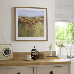 Poppy Meadow Countryside Landscape Wood Stained Brown Framed Print