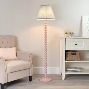 ValueLights Bobbles Rose Pink Bobbin Floor Lamp with Blue Pleated Shade - LED Bulb Included