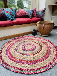 FIESTA Round Rug Jute Hand Woven with Recycled Fabric / 150 cm Diameter