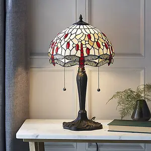 Luminosa Dragonfly 2 Light Small Table Lamp Dark Bronze, Beige, Tiffany Style Glass, E27