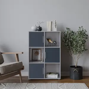 URBNLIVING 91cm Height 6 Cube Bookcase Grey Wood Door Metal Handle Display Storage Shelf