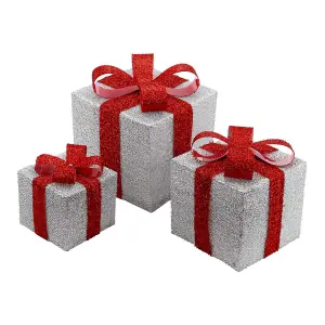 3 X Decorative Christmas Parcels - With 35 White Led Lights - Parcel Set With Bow - Ideal Sparkling Parcel Use Under Christmas